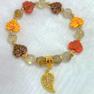 NEW Artisan Czech Glass Bracelet Fall Leaves Golden Accents Autumn Hues Earthy